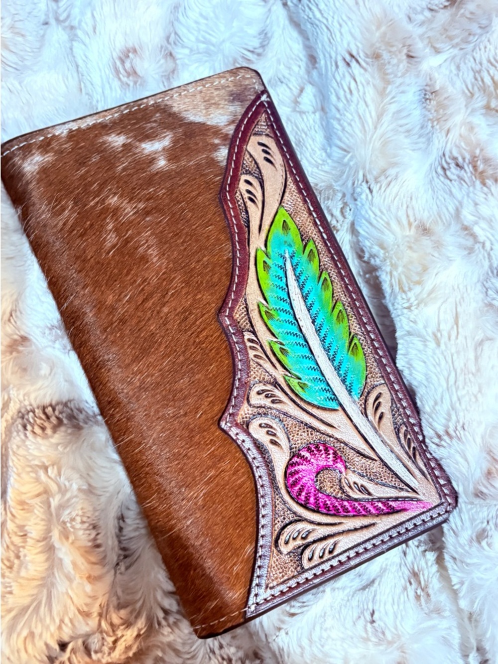 Brown Hair-On Leather Wallet with Colorful Feather Embossing